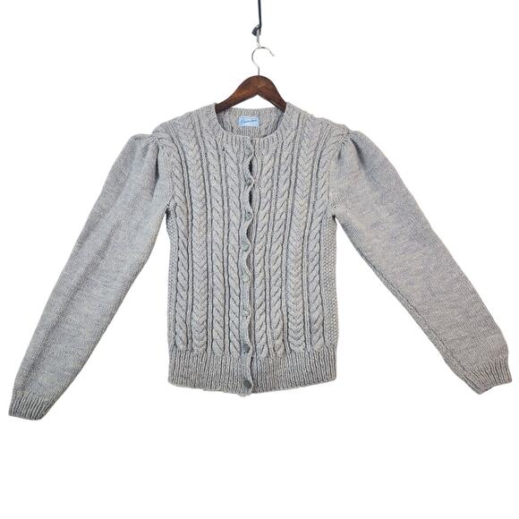 Hand Knit Gray Wool Cardigan Puff Sleeves Cable Knit Women’s SZ LG GUC - Picture 1 of 8